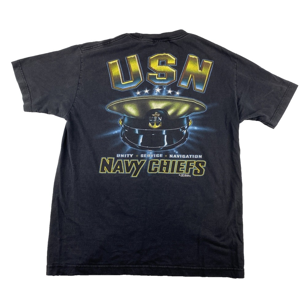 Vintage-USN NAVY Chiefs T-Shirt Med-Black-100% Cotton-Military Made in USA READ